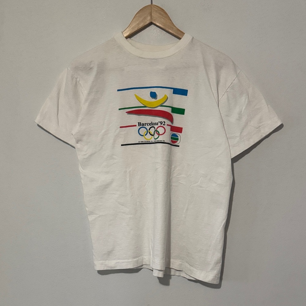 Vintage White Barcelona '92 Olympic Graphic Tee with Multicolor Logo